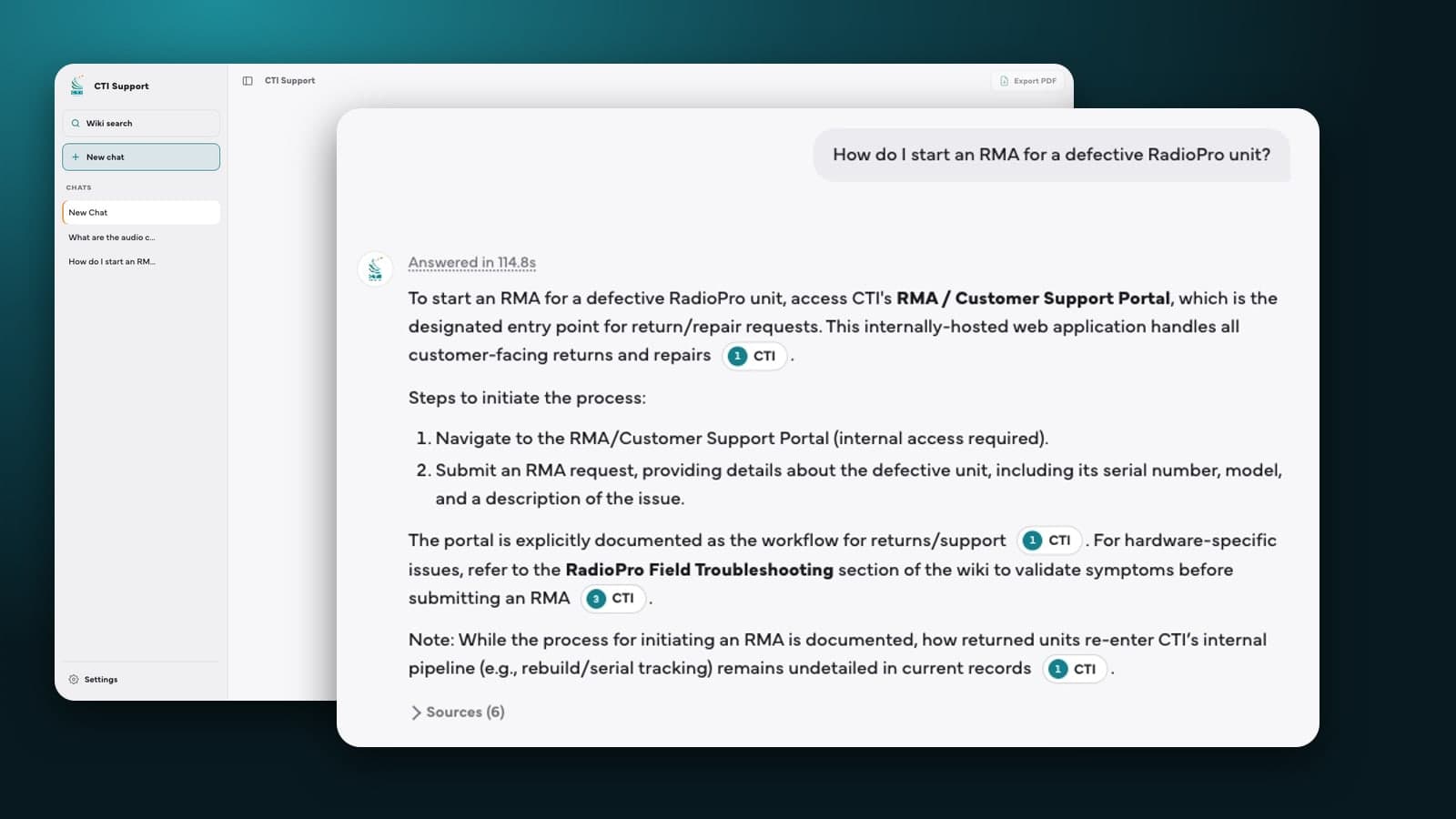 CTI Support answering how to start an RMA, with numbered source citations, in front of the app's chat window