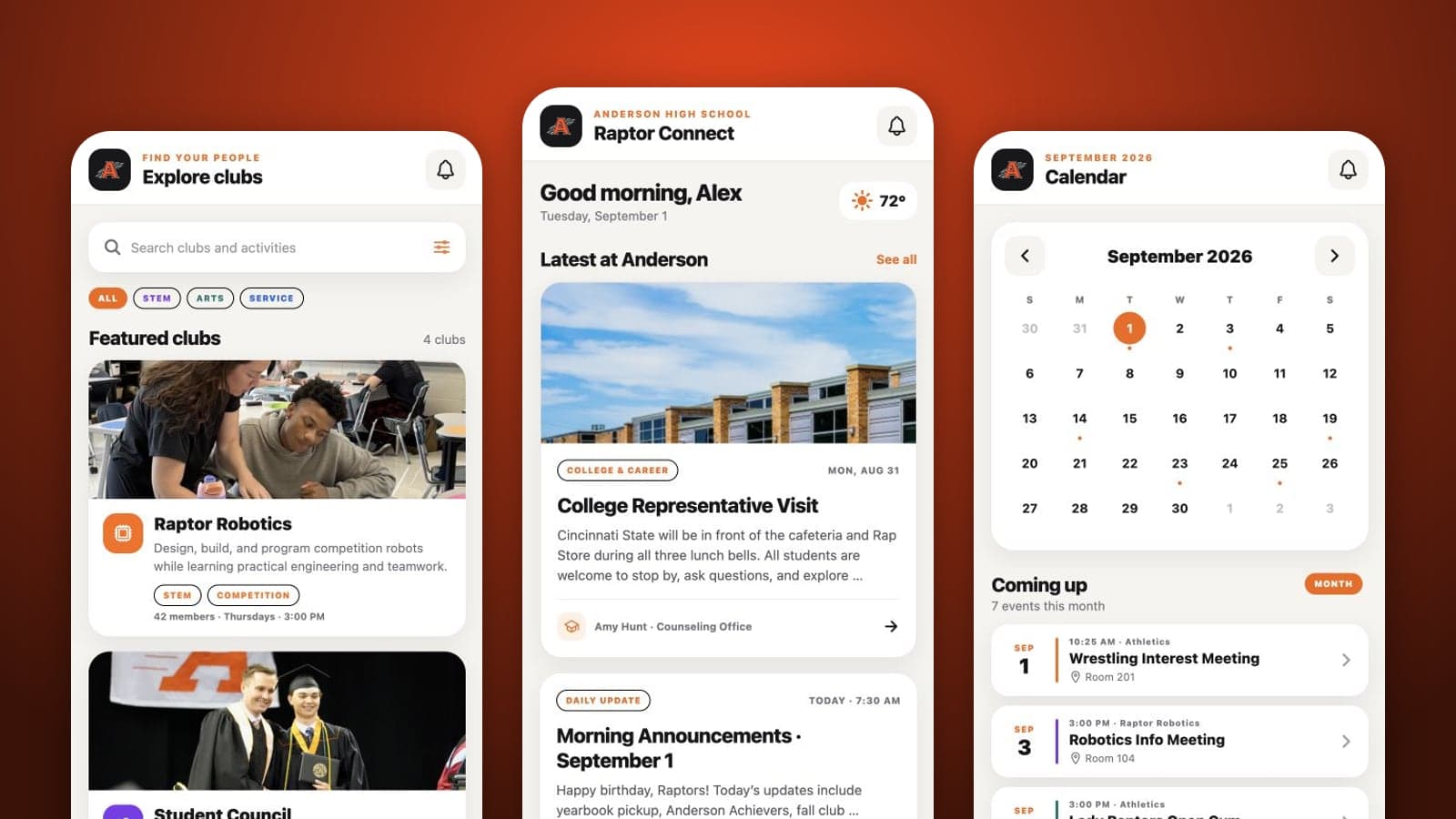 Three Raptor Connect screens: the clubs directory, the home feed of announcements, and the events calendar