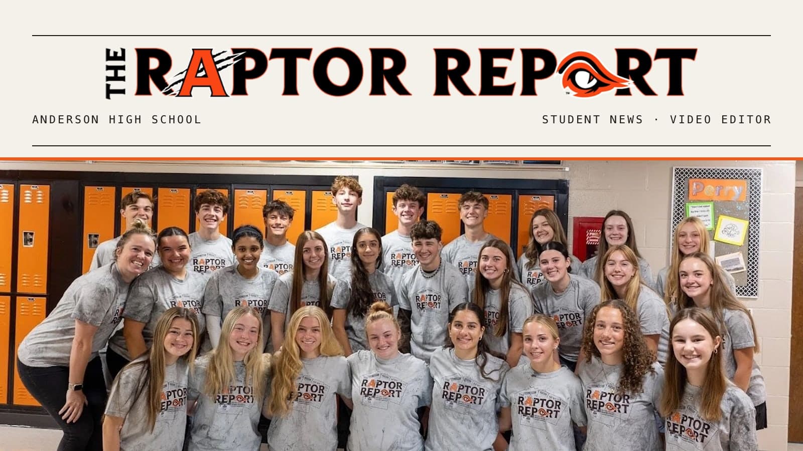 The Raptor Report masthead above the 2026 to 27 staff photo, everyone in gray Raptor Report shirts in front of orange lockers