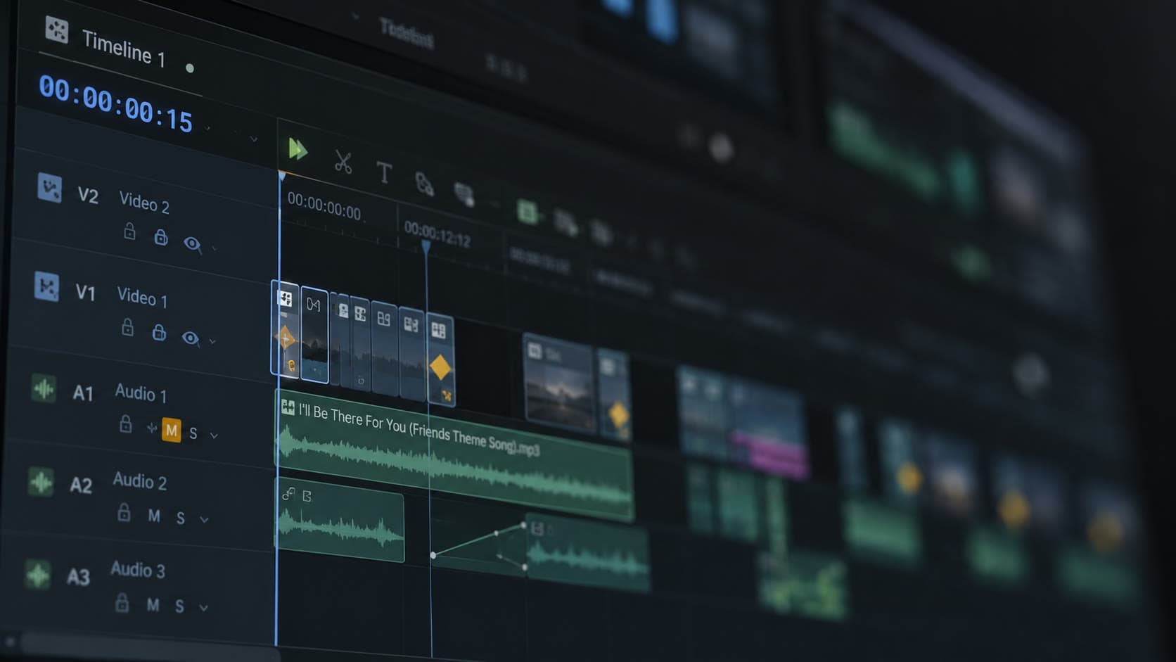 Close-up of the SharedCut timeline: two video tracks of clips with keyframes and three audio tracks with waveforms
